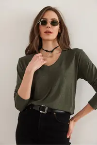 Olalook Women's Khaki V-Neck Wool Viscose Flowy Blouse - Image 4