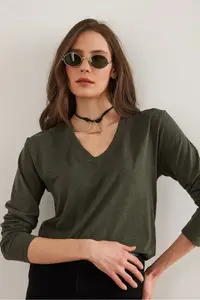 Olalook Women's Khaki V-Neck Wool Viscose Flowy Blouse - Image 5