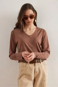 Olalook Women's Milk Coffee V-Neck Wool Viscose Flowy Blouse - Image 3