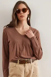 Olalook Women's Milk Coffee V-Neck Wool Viscose Flowy Blouse - Image 5