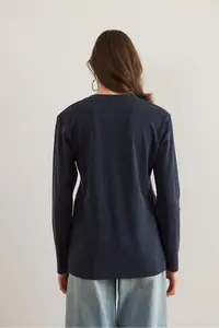 Olalook Women's Navy Blue V-Neck Wool Viscose Flowy Blouse - Image 2