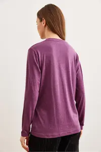 Olalook Women's Plum V-Neck Wool Viscose Flowy Blouse - Image 2