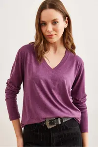 Olalook Women's Plum V-Neck Wool Viscose Flowy Blouse - Image 4