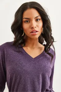 Olalook Women's Purple V-Neck Wool Viscose Flowy Blouse - Image 4