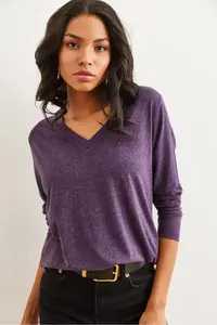 Olalook Women's Purple V-Neck Wool Viscose Flowy Blouse - Image 6
