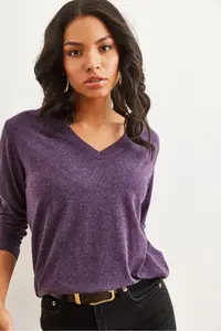 Olalook Women's Purple V-Neck Wool Viscose Flowy Blouse - Image 7