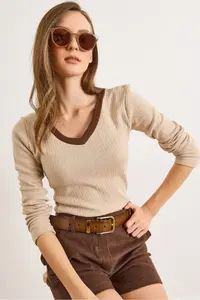 Olalook Women's Beige Brown Collar Detailed Raised Lycra Blouse