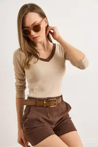 Olalook Women's Beige Brown Collar Detailed Raised Lycra Blouse - Image 5