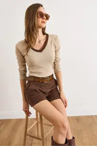 Olalook Women's Beige Brown Collar Detailed Raised Lycra Blouse - Image 6