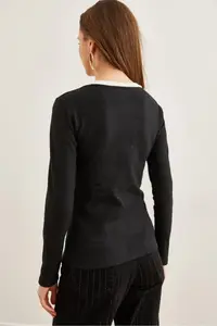 Olalook Women's Black and White Collar Detailed Raised Lycra Blouse - Image 2
