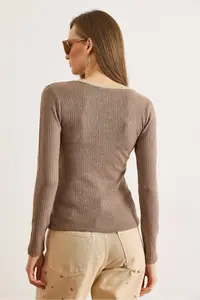 Olalook Women's Brown Beige Collar Detailed Raised Lycra Blouse - Image 2