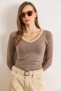 Olalook Women's Brown Beige Collar Detailed Raised Lycra Blouse - Image 3
