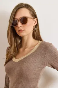 Olalook Women's Brown Beige Collar Detailed Raised Lycra Blouse - Image 5