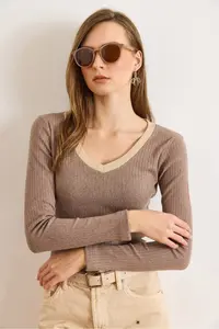 Olalook Women's Brown Beige Collar Detailed Raised Lycra Blouse - Image 6