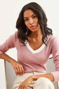 Olalook Women's Dusty Rose White Collar Detailed Raised Lycra Blouse - Image 4