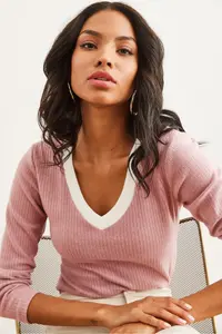 Olalook Women's Dusty Rose White Collar Detailed Raised Lycra Blouse - Image 6