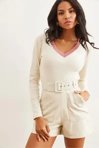 Olalook Women's Ecru Dusty Rose Collar Detailed Raised Lycra Blouse - Image 3