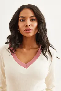 Olalook Women's Ecru Dusty Rose Collar Detailed Raised Lycra Blouse - Image 5