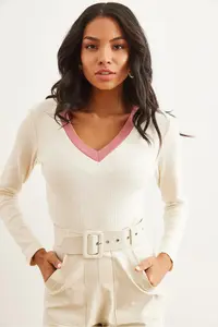 Olalook Women's Ecru Dusty Rose Collar Detailed Raised Lycra Blouse - Image 6