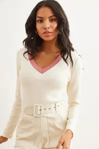 Olalook Women's Ecru Dusty Rose Collar Detailed Raised Lycra Blouse - Image 7