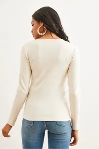Olalook Women's Ecru Powder Collar Detailed Raised Lycra Blouse - Image 2