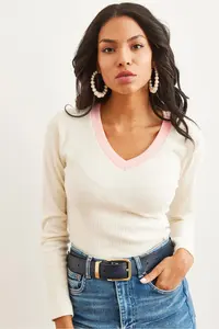 Olalook Women's Ecru Powder Collar Detailed Raised Lycra Blouse - Image 3
