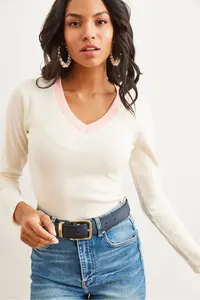 Olalook Women's Ecru Powder Collar Detailed Raised Lycra Blouse - Image 6