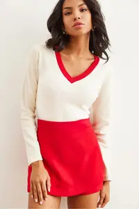 Olalook Women's Ecru Red Collar Detailed Raised Lycra Blouse