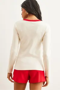 Olalook Women's Ecru Red Collar Detailed Raised Lycra Blouse - Image 2