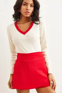 Olalook Women's Ecru Red Collar Detailed Raised Lycra Blouse - Image 3