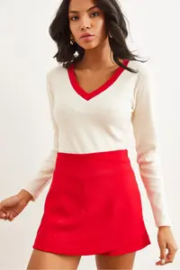 Olalook Women's Ecru Red Collar Detailed Raised Lycra Blouse - Image 4