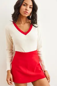 Olalook Women's Ecru Red Collar Detailed Raised Lycra Blouse - Image 5