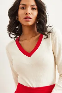 Olalook Women's Ecru Red Collar Detailed Raised Lycra Blouse - Image 6