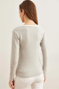 Olalook Women's Gray White Collar Detailed Raised Lycra Blouse - Image 2