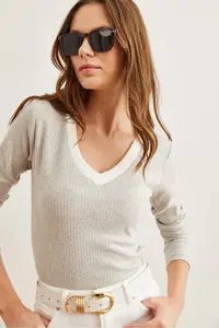 Olalook Women's Gray White Collar Detailed Raised Lycra Blouse - Image 6