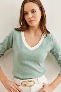 Olalook Women's Mint Green White Collar Detailed Raised Lycra Blouse