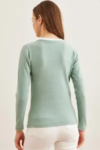 Olalook Women's Mint Green White Collar Detailed Raised Lycra Blouse - Image 2