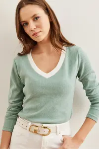 Olalook Women's Mint Green White Collar Detailed Raised Lycra Blouse - Image 3