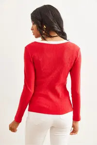 Olalook Women's Red White Collar Detailed Raised Lycra Blouse - Image 2