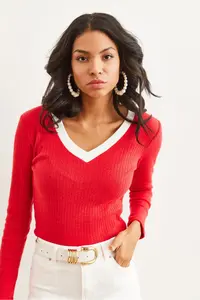 Olalook Women's Red White Collar Detailed Raised Lycra Blouse - Image 3
