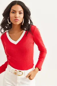 Olalook Women's Red White Collar Detailed Raised Lycra Blouse - Image 4