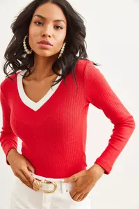 Olalook Women's Red White Collar Detailed Raised Lycra Blouse - Image 5