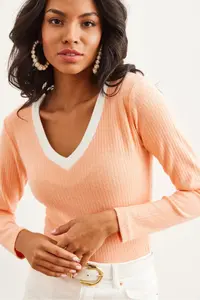 Olalook Women's Salmon White Collar Detailed Raised Lycra Blouse
