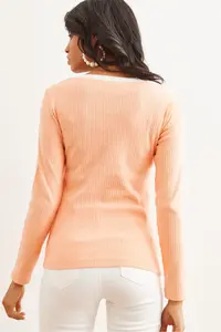 Olalook Women's Salmon White Collar Detailed Raised Lycra Blouse - Image 2