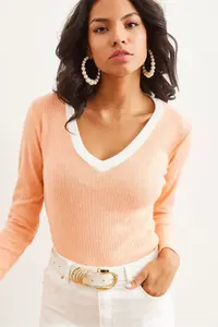 Olalook Women's Salmon White Collar Detailed Raised Lycra Blouse - Image 4