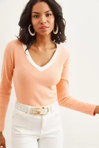 Olalook Women's Salmon White Collar Detailed Raised Lycra Blouse - Image 5