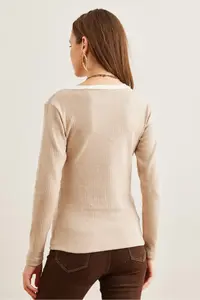 Olalook Women's Stone White Collar Detailed Raised Lycra Blouse - Image 2