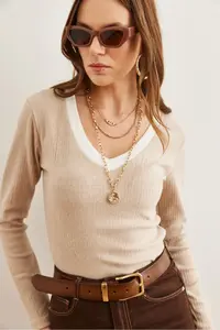 Olalook Women's Stone White Collar Detailed Raised Lycra Blouse - Image 4