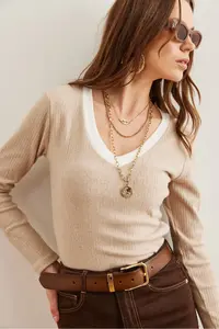 Olalook Women's Stone White Collar Detailed Raised Lycra Blouse - Image 6