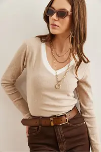 Olalook Women's Stone White Collar Detailed Raised Lycra Blouse - Image 7